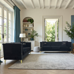 FX-P82-2PC SOFA -BK3 Black Velvet Sofa Set of 2, Two Modern 3-Seater Sofas with Plush Cushions & Gold-Tone Metal Legs Stylish Living Room Couch Set for Homes, Apartments, and Guest Areas