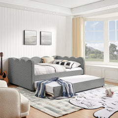 Full Size Cozy Gingham Daybed with Twin Size Trundle No Box Spring Needed, with USB Port and Adorable Wave Shaped, Linen Fabric