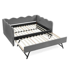 Full Size Cozy Gingham Daybed with Twin Size Trundle No Box Spring Needed, with USB Port and Adorable Wave Shaped, Linen Fabric
