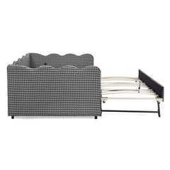 Full Size Cozy Gingham Daybed with Twin Size Trundle No Box Spring Needed, with USB Port and Adorable Wave Shaped, Linen Fabric