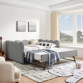 Full Size Cozy Gingham Daybed with Twin Size Trundle No Box Spring Needed, with USB Port and Adorable Wave Shaped, Linen Fabric