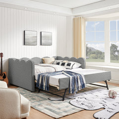 Full Size Cozy Gingham Daybed with Twin Size Trundle No Box Spring Needed, with USB Port and Adorable Wave Shaped, Linen Fabric
