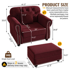 41.3"Upholstered Velvet Sofa with Nailhead Trim and Rolled Armrests,Mid-Century Modern Chesterfield Sofa with Button Tufted,Includes 1 Pillows,Burgundy