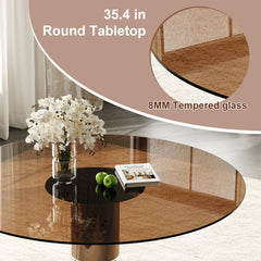 35-inch round glass dining table, tempered glass tabletop, stainless steel legs, suitable for 2-4 people. Dark brown small round dining table, suitable for restaurants and apartments(table+ 4 chair)