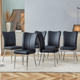 Modern minimalist dining chairs, black PU leather curved backrest and seat cushions, electroplated metal chair legs, suitable for restaurants, bedrooms, and living rooms. A set of 6 chairs.