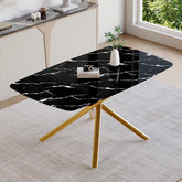 63"x35.4" Luxurious Black Marble-Patterned Tempered Glass Dining Table.Single Fork Golden Metal Table Legs.Tempered Glass Table Top,Golden Metal Leg.Make it Adaptable To Various Decoration Styles.