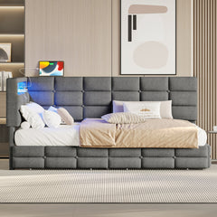 Upholstered Twin Size Daybed with Storage 2 Drawers and Charging Station, Day Bed Frame with LED Lights and Storage Headboard, No Box-Spring Needed, Gray