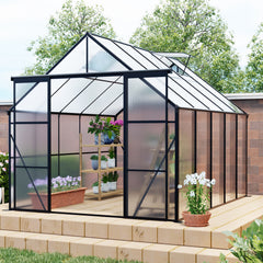 8x10FT Double Door Polycarbonate Greenhouse Raised Base and Anchor Aluminum Heavy Duty Walk-in Greenhouses for Outdoor Backyard in All Season,Black