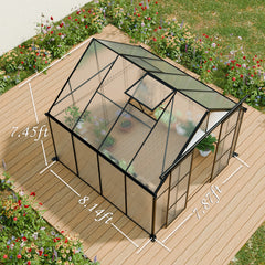 8x8 FT Double Door Polycarbonate Greenhouse Raised Base and Anchor Aluminum Heavy Duty Walk-in Greenhouses for Outdoor Backyard in All Season,Black