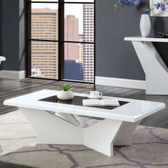 White Finish 1pc Coffee Table Contemporary style high Gloss Top Tempered Glass Geometric Base white