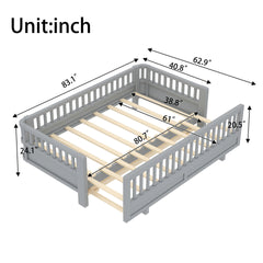 Twin XL Size Platform Bed with Guardrails, Solid Wood Twin XL Bed Frame, Can Be Converted into a Queen Platform Bed,Gray
