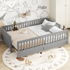 Twin XL Size Platform Bed with Guardrails, Solid Wood Twin XL Bed Frame, Can Be Converted into a Queen Platform Bed,Gray