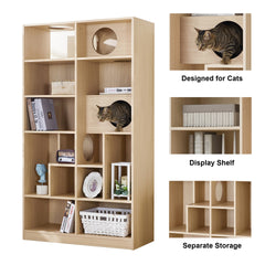 Modern 2 IN 1 Wood Bookshelf Cat House, Cat Tree Display Case with Storage, Cat Litter Box Enclosure Climbing Shelf