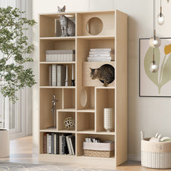 Modern 2 IN 1 Wood Bookshelf Cat House, Cat Tree Display Case with Storage, Cat Litter Box Enclosure Climbing Shelf