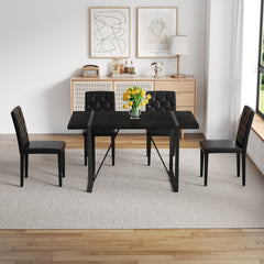 Black Faux Wood Grain MDF Dining Table Set.A minimalist retro rectangular dining table with a black textured top.4-pack black PU dining chairs: ergonomic buckle backrest.Exudes A Sense Of Fashion.