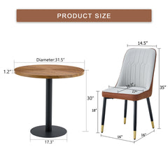 Table and chair set.31.5 Inch Dark Wood Grain Round Dining Table - Suction Molding Annular Texture.Paired with 4 Brown and Light Gray Spliced Color PU Dining Chairs.