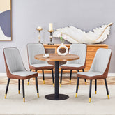 Table and chair set.31.5 Inch Dark Wood Grain Round Dining Table - Suction Molding Annular Texture.Paired with 4 Brown and Light Gray Spliced Color PU Dining Chairs.
