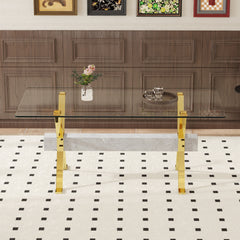 Dining table. Modern tempered glass dining table. Large modern office desk with gold plated metal legs and gray MDF crossbars, suitable for both home and office use. Kitchen. 71 ''x35.4''x30 '' 1105