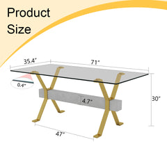 Dining table. Modern tempered glass dining table. Large modern office desk with gold plated metal legs and gray MDF crossbars, suitable for both home and office use. Kitchen. 71 ''x35.4''x30 '' 1105