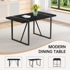 A 55-Inch minimalist retro rectangular dining table with a black textured top with Inset Rectangular Black Metal legs.Minimalist MDF Tabletop.Meeting various purposes such as dining and working.