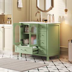 36" Bathroom Cabinet with Waffle Texture Doors, Bathroom Vanity with Four Drawers and Two Soft-Closing Doors, Bathroom Storage with Glass Doors