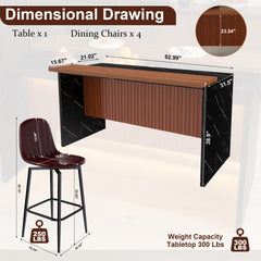 63-inch Modern Kitchen Island Set with 4 Dark Brown Bar Stools - Black Marble Look Surface, LED Lighting & Grill Design for Dining Room, Open Concept Spaces, Lounge(4 Dark Brown Bar Stools)