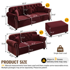 Upholstered Velvet Sofa with Nailhead Trim and Rolled Armrests,Mid-Century Modern Chesterfield Sofa with Button Tufted,Includes 1 ottoman,Burgundy