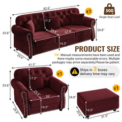 Upholstered Velvet Sofa with Nailhead Trim and Rolled Armrests,Mid-Century Modern Chesterfield Sofa with Button Tufted,Includes 1 ottoman,Burgundy