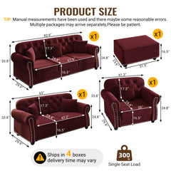 Upholstered Velvet Sofa with Nailhead Trim and Rolled Armrests,Mid-Century Modern Chesterfield Sofa with Button Tufted,Includes 1 ottoman,Burgundy
