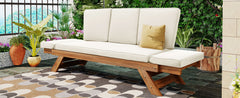 TOPMAX Outdoor Adjustable Patio Wooden Daybed Sofa Chaise Lounge with Cushions for Small Places, Natural Finish+Beige Cushion