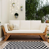 TOPMAX Outdoor Adjustable Patio Wooden Daybed Sofa Chaise Lounge with Cushions for Small Places, Natural Finish+Beige Cushion