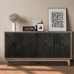 Mid Century Sideboard Buffet Cabinet with Solid Wood Legs 60" Kitchen Storage Cabinet Credenza with 4 Convex pattern diamond Doors and 2 Shelves Accent Console Table for Living Room Entrance Hall etc