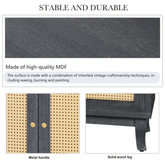Handcrafted Premium Grain Panels,Rattan Sideboard Buffer Cabinet With 4 Rattan Doors, Modern Storage Cupboard Console Table with Adjustable Shelves for Living Room(Antique Dark Gray)