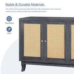 Handcrafted Premium Grain Panels,Rattan Sideboard Buffer Cabinet With 4 Rattan Doors, Modern Storage Cupboard Console Table with Adjustable Shelves for Living Room(Antique Dark Gray)