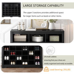 ON-TREND Sleek Design 24 Shoe Cubby Console, Modern Shoe Cabinet with Curved Base, Versatile Sideboard with High-quality for Hallway, Bedroom, Living Room, Black