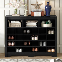 ON-TREND Sleek Design 24 Shoe Cubby Console, Modern Shoe Cabinet with Curved Base, Versatile Sideboard with High-quality for Hallway, Bedroom, Living Room, Black