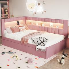 Upholstered Twin Size Platform Bed with USB Ports and LED Belt, With Trundle, Pink