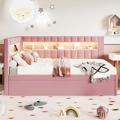 Upholstered Twin Size Platform Bed with USB Ports and LED Belt, With Trundle, Pink