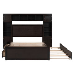 Full Size Wooden Bed With All-in-One Cabinet, Shelf and Sockets,Twin Size Trundle, Espresso