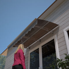 79" x 34" Window Awnings Door Entrance Canopy, Aluminum Alloy Bracket, 0.137 Inch Thick Crystal Solid Polycarbonate Sheet with Valance for Wooden Wall House (DA7934W Series Brown Roof)