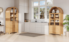 K&K 71" Tall Arched Kitchen Pantry Cabinet with Door Shelves, Farmhouse Kitchen Storage Cabinet with Open & Adjustable Shelves, Hidden Drawer & Glass Door, Cupboard for Kitchen, Dining Room, Natural