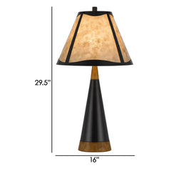 30 Inch 3 Way Table Lamp, Beige Mica Shade, Rubberwood and Black Metal Body