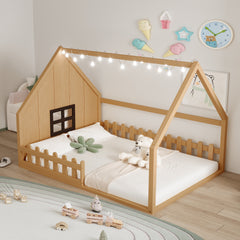 Full Size Wood House Bed with Window and Fence, Natural