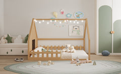 Full Size Wood House Bed with Window and Fence, Natural