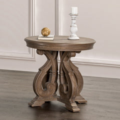 Traditional Style 1pc Round End Table Curved Scroll Legs Carved Design Solid Wood Structure Oak Finish