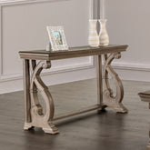 Traditional Style Sofa Table Solid Wood Structure Curved Scroll Legs With Carved Design Weather Oak Finish