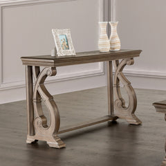 Traditional Style Sofa Table Solid Wood Structure Curved Scroll Legs With Carved Design Weather Oak Finish