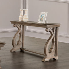 Traditional Style Sofa Table Solid Wood Structure Curved Scroll Legs With Carved Design Weather Oak Finish
