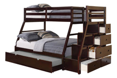 Transitional Style Twin Over Full Bunk Bed With Rails And Lock Joint Structure Built In Drawers And Accessible Steps Slat Kit Included Espresso Finish Trundle Include