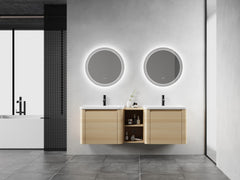 60'' Wall-Mounted Bathroom Vanity with White Ceramic Sink and Storage Shelves & 2-Soft-Close Door, KD-Packing, Plywood, American White Oak